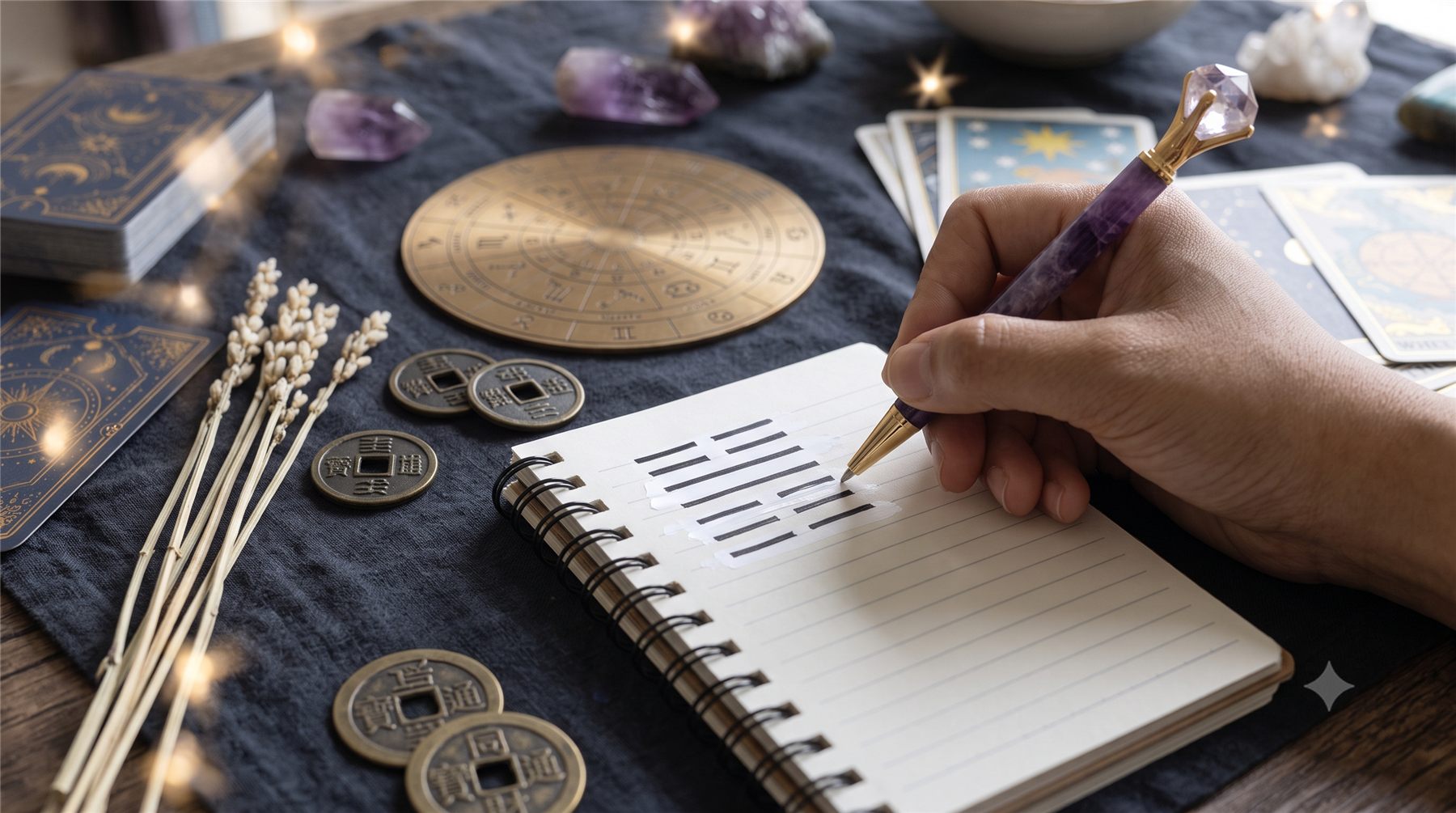 Tarot cards, coins, notes, and mystical desktop for self-discovery tests